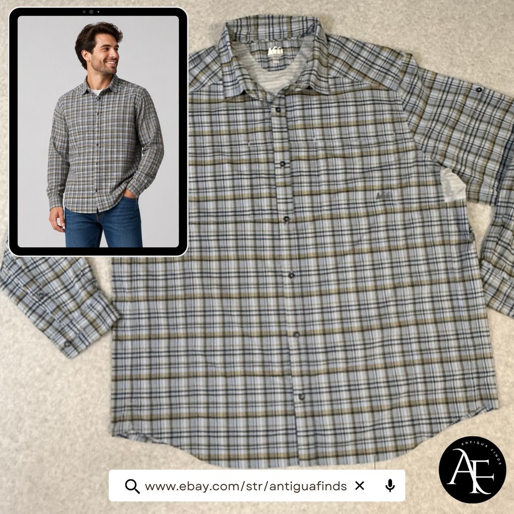 REI Co-op Sahara Plaid Hiking Shirt Mens XXL Blue Yellow Long Sleeve Vented
